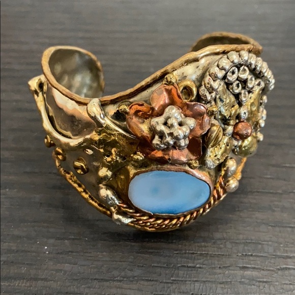 Vintage Silver Chunky Opal Brutalist Cuff - Picture 2 of 5